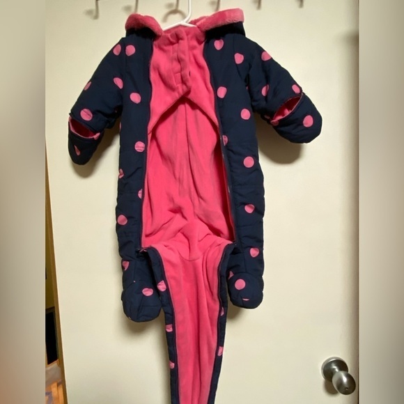 George Infant Girl Snowsuit, Size 0-3 Months. Blue, Pink Polka Dots - Picture 4 of 9